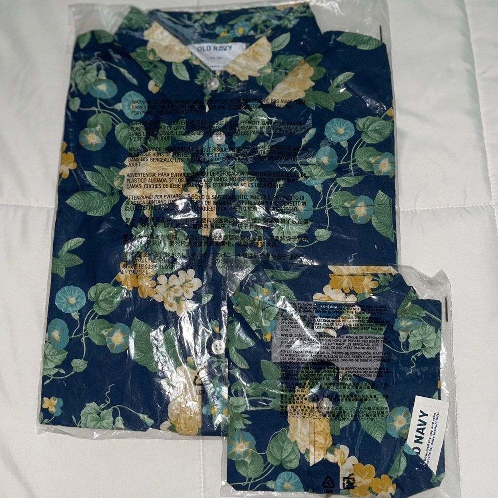 Old Navy boys matching Hawaiian shirts in boys L 10-12 and toddler 12-18 months.